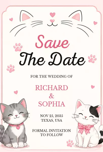 Charming Kitten-Themed Save The Date Wedding Invitation Template