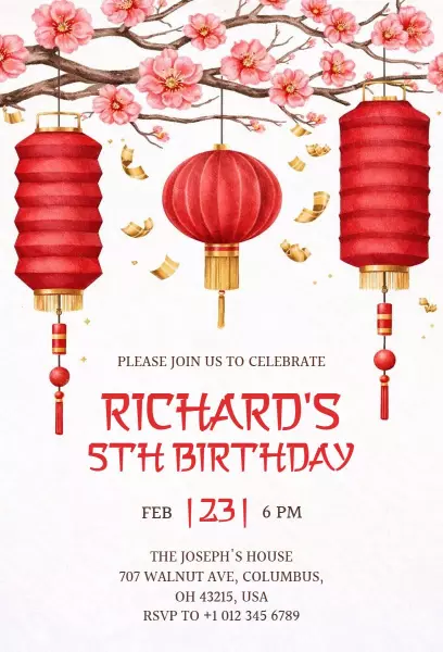 Charming Lantern Themed 5th Birthday Celebration Invitation Template