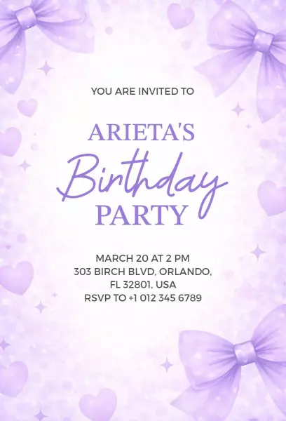 Charming Lavender Bow Birthday Party Invitation Template