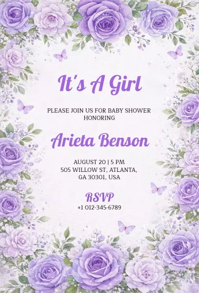 Charming Lavender Floral Baby Shower Celebration Invitation Template