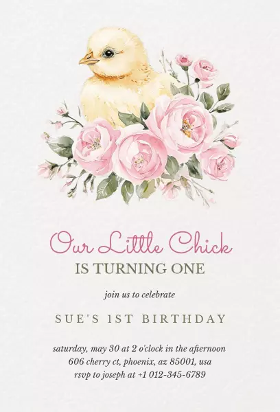 Charming Little Chick Floral 1st Birthday Invitation Template