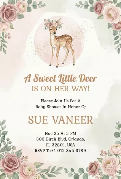 Charming Little Deer Floral Baby Shower Invitation Template
