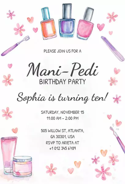 Charming Mani-Pedi Spa Themed 10th Birthday Invitation Template