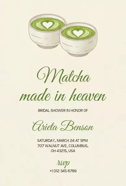 Charming Matcha Tea Bridal Shower Celebration Invitation Template