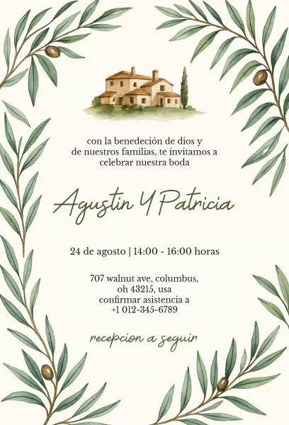 Charming Olive Branch Spanish Wedding Ceremony Invitation Template