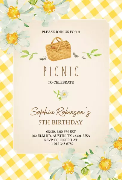 Charming Outdoor Picnic 5th Birthday Celebration Invitation Template