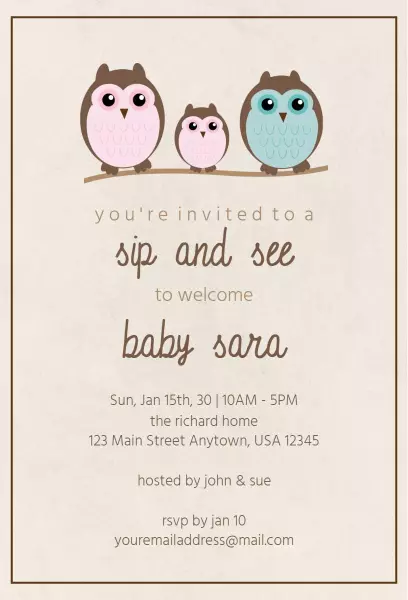 Charming Owl Theme Sip and See Baby Shower Invitation Template