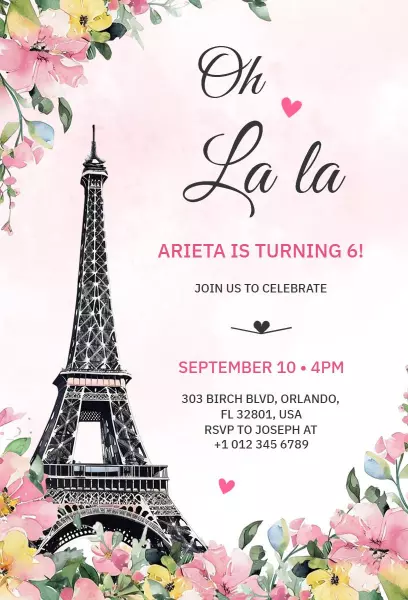 Charming Parisian Floral Theme Birthday Celebration Invitation Template
