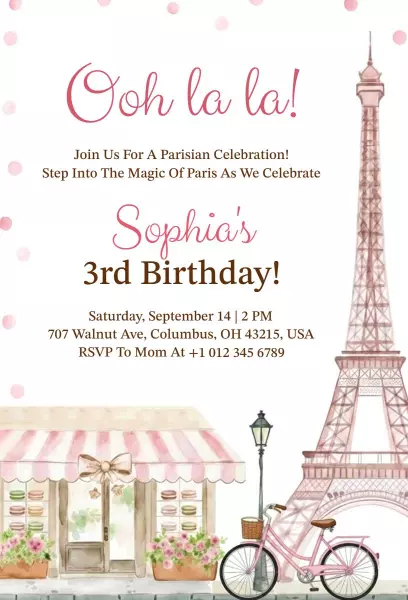 Charming Parisian Theme Fun Birthday Celebration Invitation Template