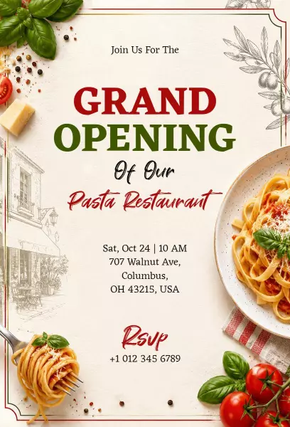 Charming Pasta Restaurant Grand Opening Invitation Template