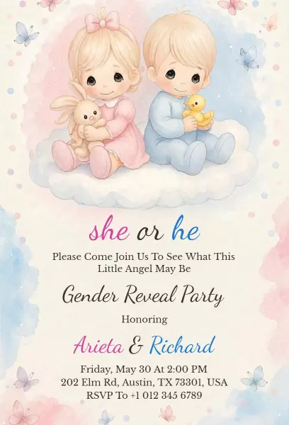 Charming Pastel Clouds Gender Reveal Celebration Invitation Template