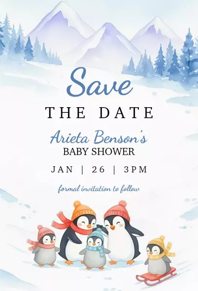 Charming Penguin Theme Winter Baby Shower Invitation Template