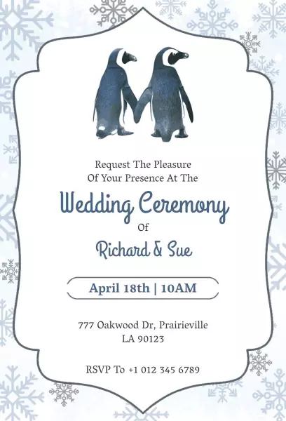 Charming Penguin Theme Winter Wedding Ceremony Invitation Template