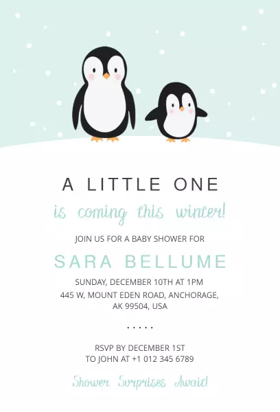 Charming Penguin Winter Baby Shower Celebration Invitation Template