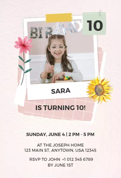 Charming Photo Theme 10th Birthday Celebration Invitation Template