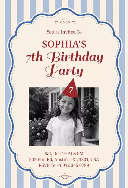 Charming Photo Themed 7th Birthday Celebration Invitation Template