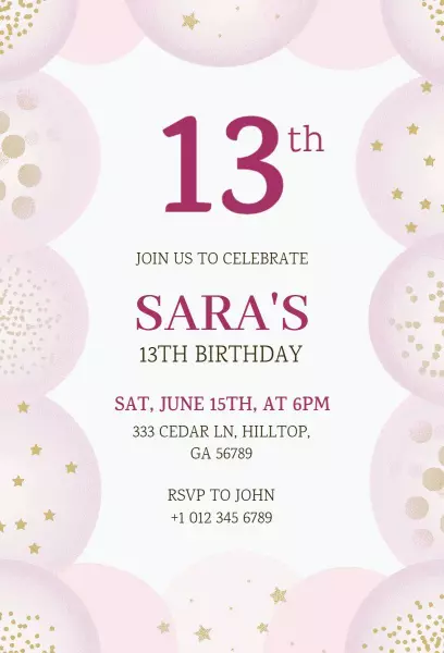 Charming Pink 13th Birthday Celebration Invitation Template