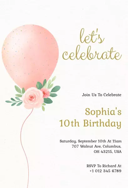 Charming Pink Balloon 10th Birthday Celebration Invitation Template
