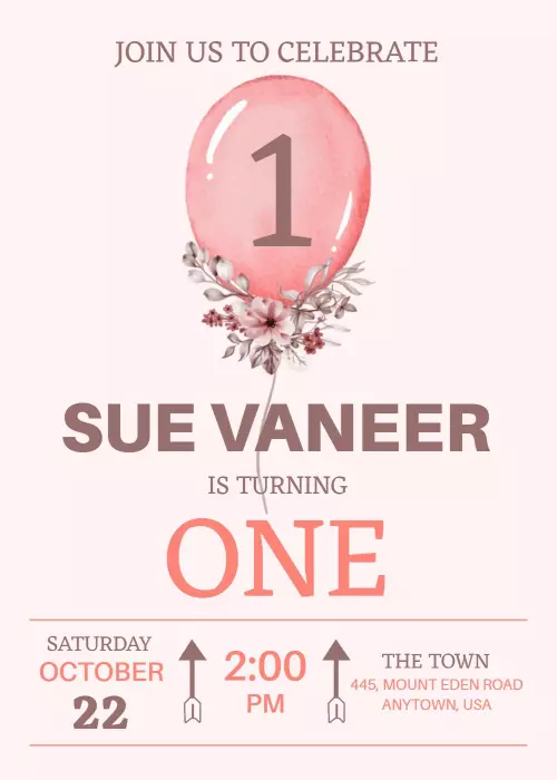 Charming Pink Balloon 1st Birthday Celebration Invitation Template