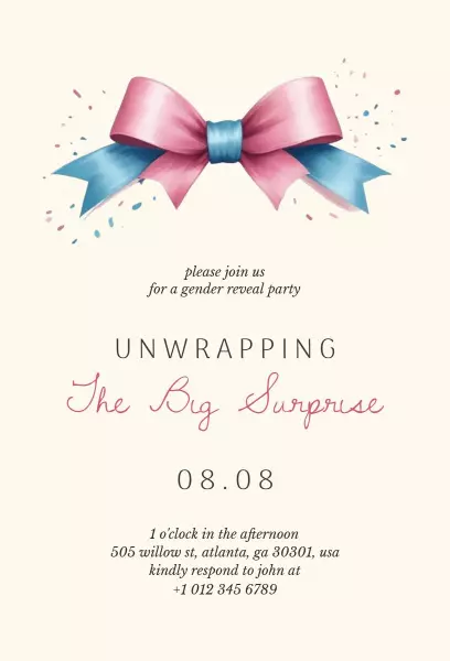 Charming Pink Blue Ribbon Gender Reveal Party Invitation Template