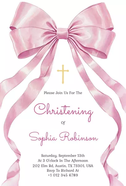 Charming Pink Bow Christening Celebration Invitation Template