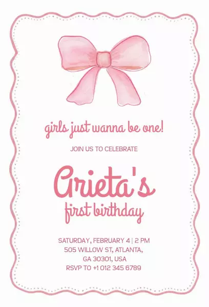 Charming Pink Bow First Birthday Celebration Invitation Template