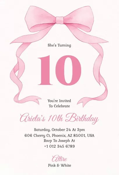 Charming Pink Bow Theme 10th Birthday Celebration Invitation Template