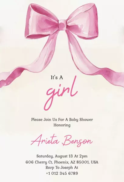 Charming Pink Bow Theme Baby Shower Celebration Invitation Template