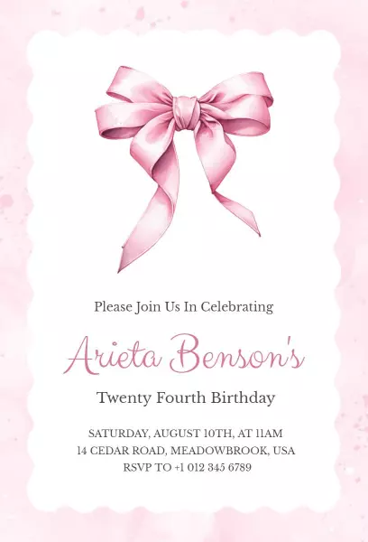 Charming Pink Bow Themed Birthday Celebration Invitation Template
