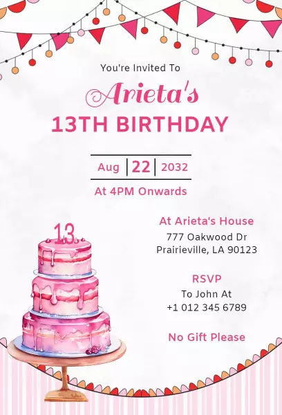 Charming Pink Cake Decor 13th Birthday Celebration Invitation Template