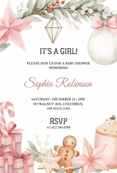 Charming Pink Christmas Baby Shower Celebration Invitation Template