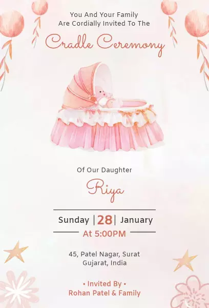 Charming Pink Cradle Naming Ceremony Invitation Template