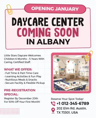 Charming Pink Daycare Center Opening Announcement Flyer Template