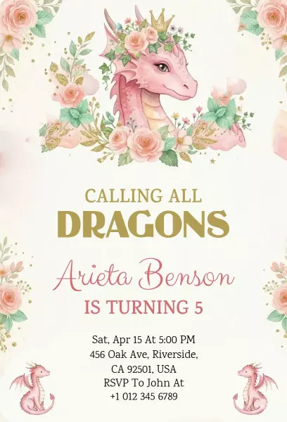 Charming Pink Dragon Birthday Celebration Invitation Template