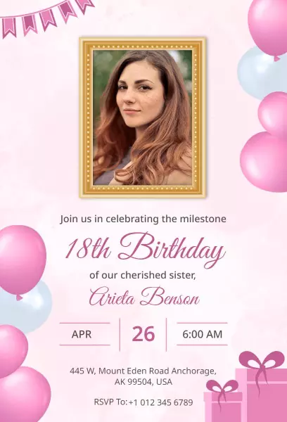 Charming Pink Floral 18th Birthday Photo Invitation Template