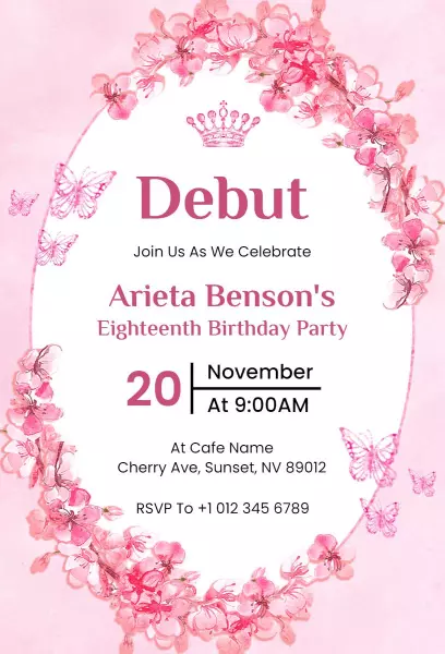 Charming Pink Floral Eighteenth Birthday Celebration Invitation Template