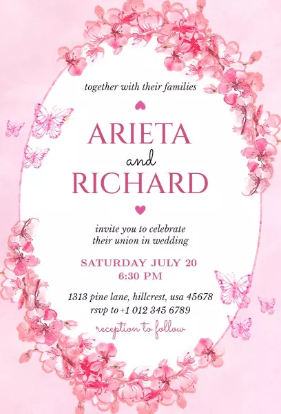 Charming Pink Floral Elegant Wedding Celebration Invitation Template