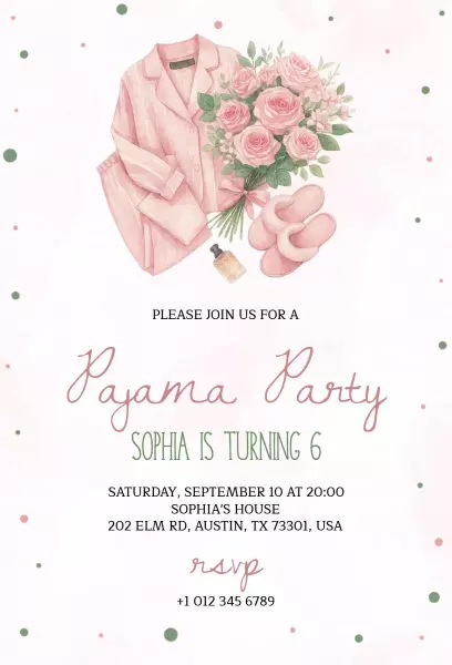Charming Pink Floral Pajama Party Birthday Invitation Template