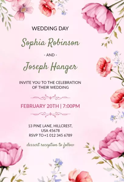 Charming Pink Floral Wedding Day Celebration Invitation Template