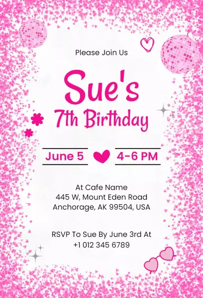 Charming Pink Glittery 7th Birthday Celebration Invitation Template