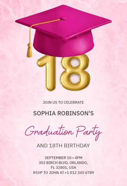Charming Pink Graduation Celebration 18th Birthday Invitation Template