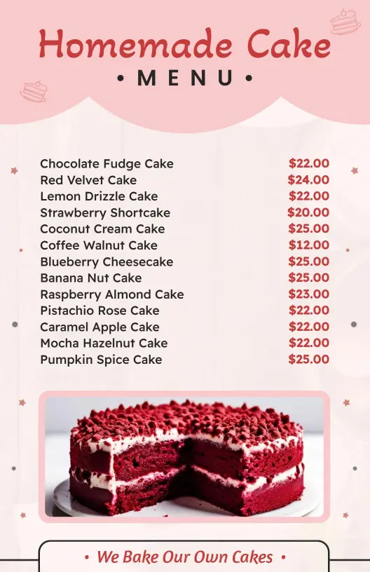 Charming Pink Homemade Cake Selection Menu Template