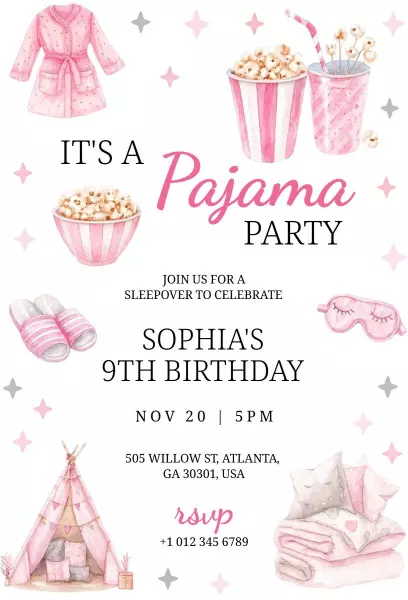 Charming Pink Pajama Party Birthday Celebration Invitation Template