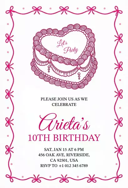 Charming Pink Party Celebration 10th Birthday Invitation Template