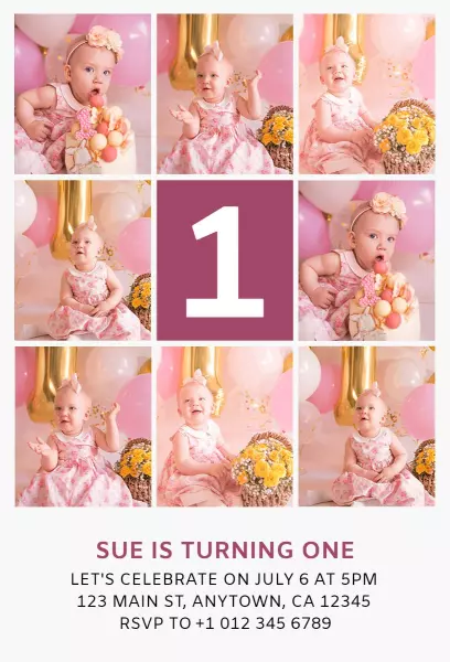 Charming Pink Photo First Birthday Celebration Invitation Template