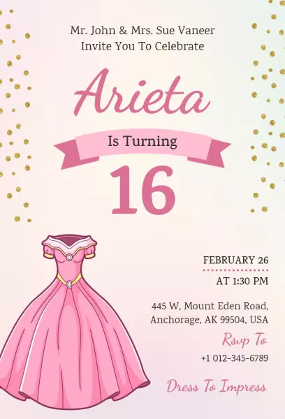 Charming Pink Princess Sweet 16 Birthday Celebration Invitation Template