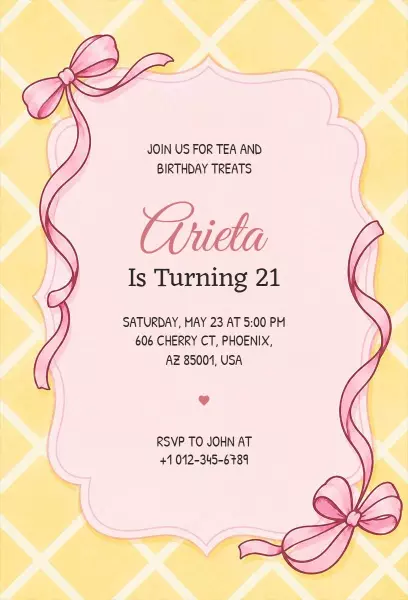 Charming Pink Ribbon 21st Birthday Celebration Invitation Template
