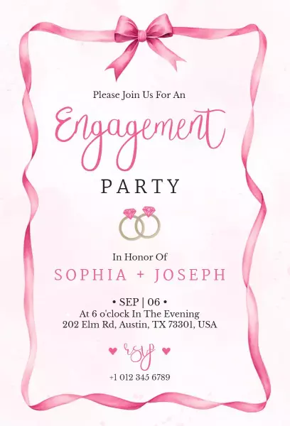 Charming Pink Ribbon Engagement Party Celebration Invitation Template