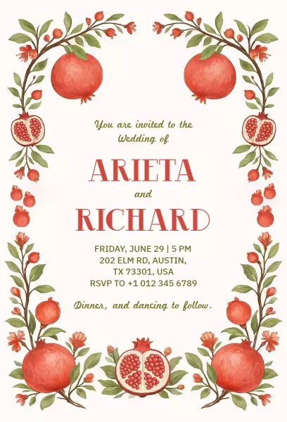Charming Pomegranate Floral Wedding Celebration Invitation Template