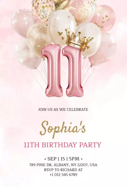 Charming Princess Theme 11th Birthday Celebration Invitation Template